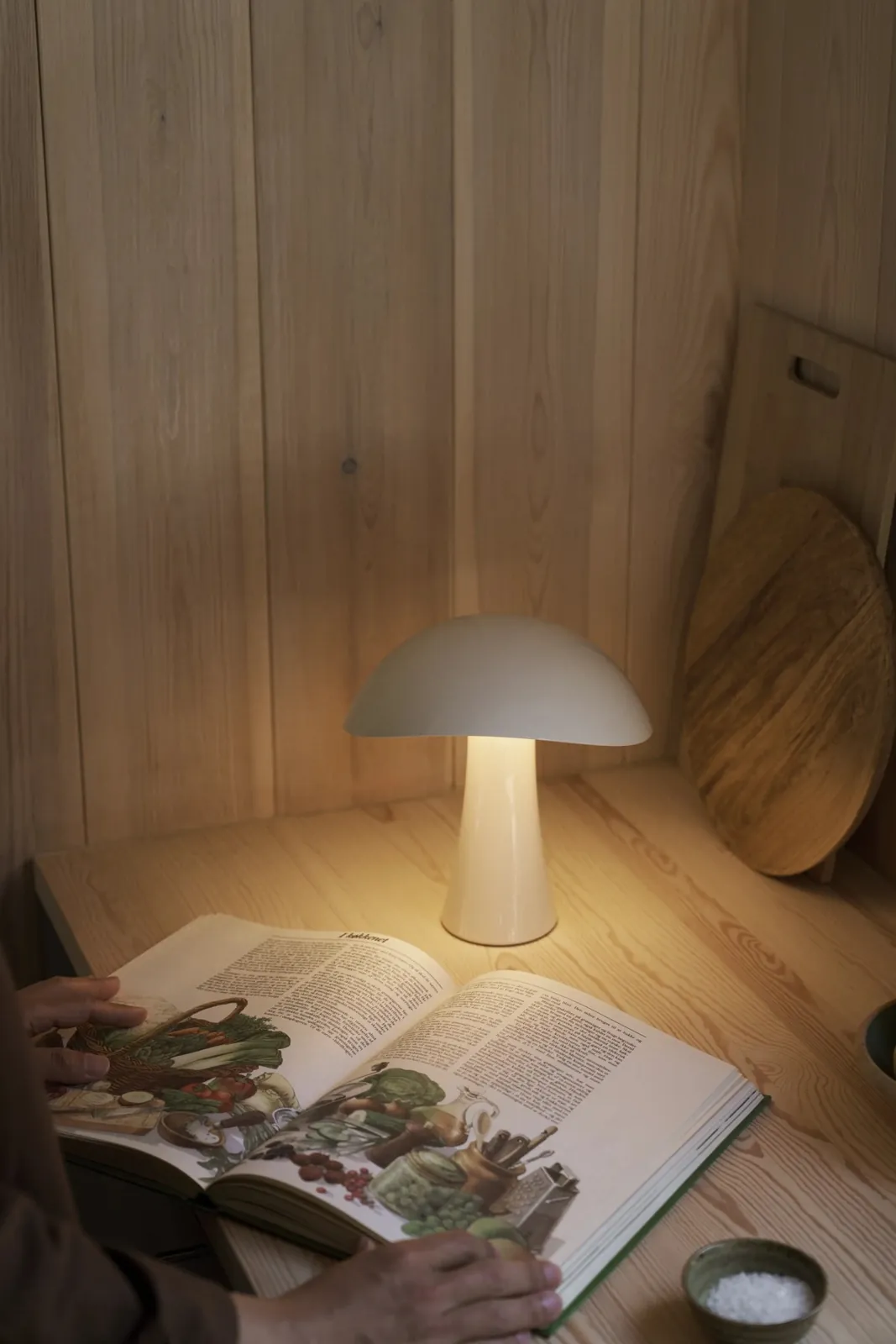 Des mains et un livre sous la lampe (inspiration Louis Poulsen)