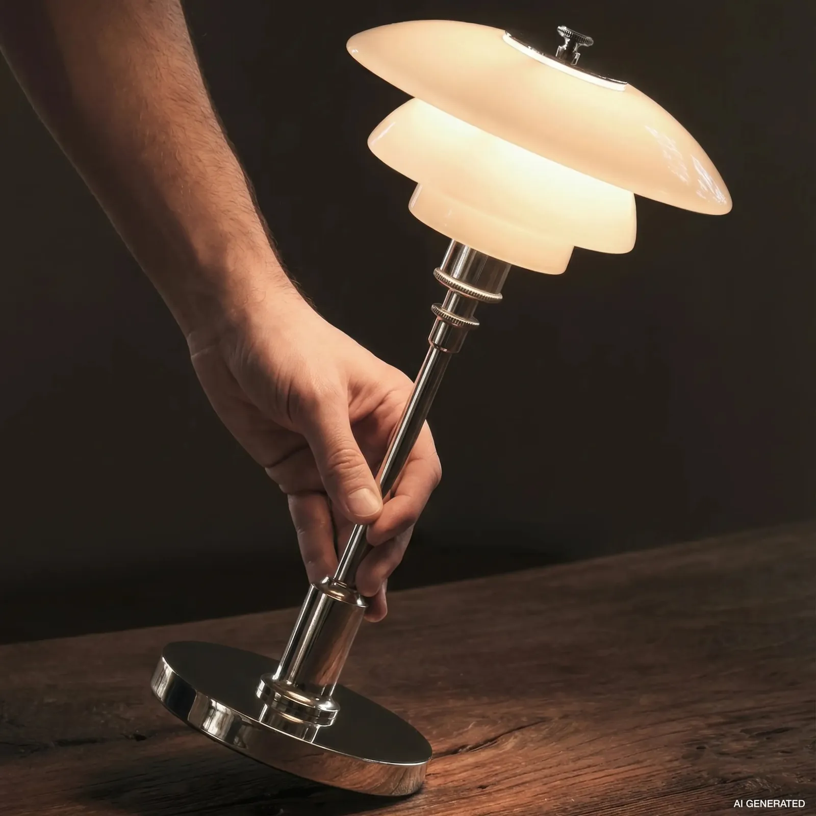 Une main monte le pied (inspiration Louis Poulsen)
